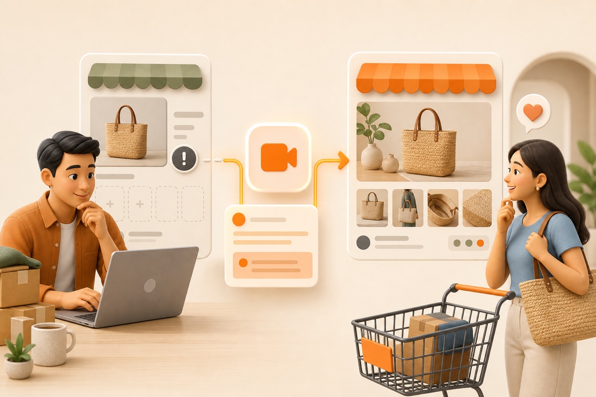 Ilustrasi seller memperbaiki listing produk setelah mendapat rekomendasi video dari Skoree